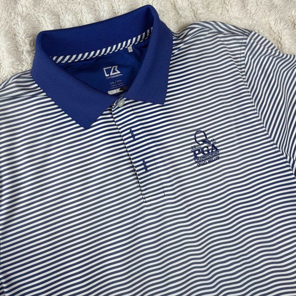 Cutter & Buck Mens XXL 2017 PGA Championship Quail Hollow Striped Polo Blue
